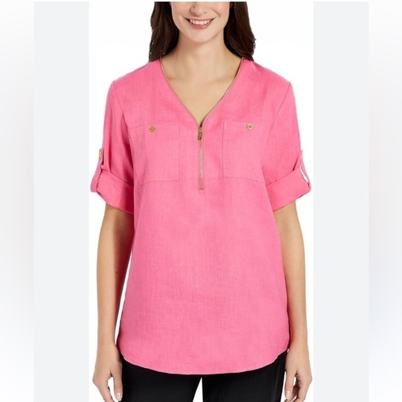 Ellen Tracy Linen Zip Front Roll Tab Sleeve Tunic Shirt Peony Pink Size LARGE - Picture 1 of 8